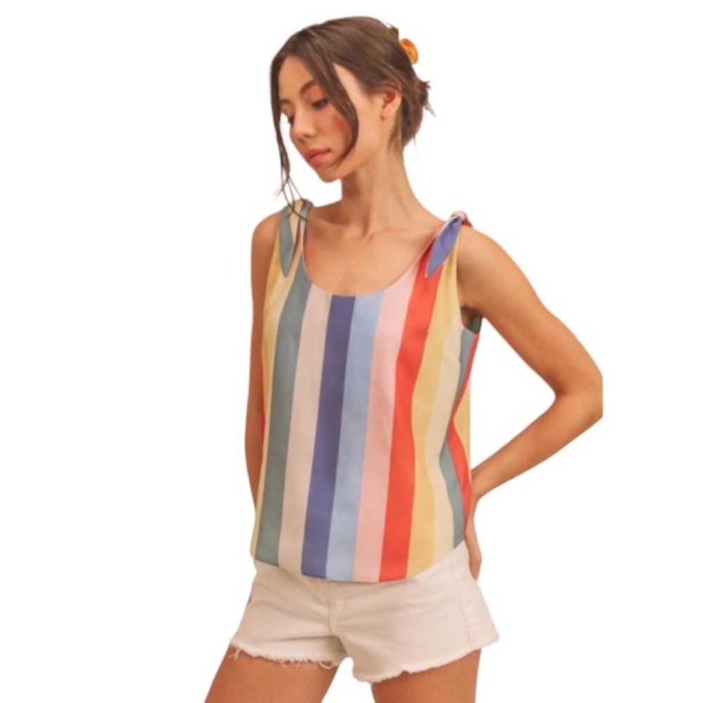 Aemi + Co Gracie Tank Top Tank Rainbow Stripe Tie Shoulder Women’s Large